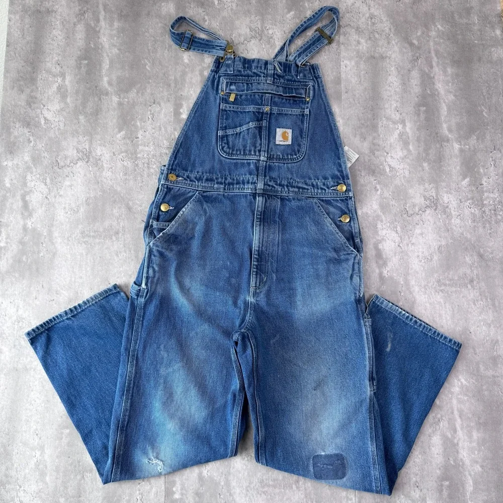 Carhartt Denim Bib Overalls Mens 32x32 Blue Made USA Distressed Workwear Hole